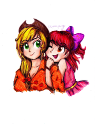 Size: 2552x3356 | Tagged: safe, artist:cosmicponye, apple bloom, applejack, human, g4, high res, humanized, traditional art