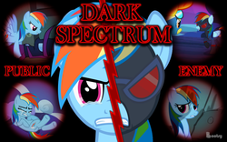 Size: 1000x625 | Tagged: safe, artist:bootsyslickmane, mare do well, rainbow dash, spitfire, fanfic:dark spectrum public enemy, g4, angry, bed, clothes, costume, crying, dark spectrum, fanfic, fanfic art, fanfic cover, fangs, gimp, shadowbolt dash, shadowbolts, shadowbolts costume, split screen