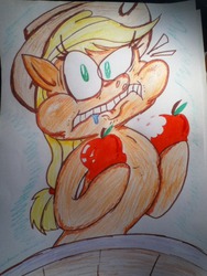 Size: 720x960 | Tagged: safe, artist:jazzytheman, applejack, .mov, apple.mov, g4, eating, looking at you, traditional art