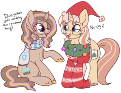 Size: 683x521 | Tagged: safe, artist:lulubell, oc, oc only, oc:lulubell, oc:sweetcream frosting, christmas sweater, clothes, scarf, simple background, transparent background
