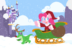 Size: 2000x1381 | Tagged: safe, artist:frog&cog, gummy, pinkie pie, g4, canterlot, clothes, costume, hat, rudolph, rudolph the red nosed reindeer, santa hat, sled, snow, snowfall