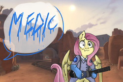 Size: 1024x686 | Tagged: safe, artist:redxbacon, fluttershy, pegasus, semi-anthro, g4, adventure in the comments, crossover, fluttermedic, medic, medic (tf2), parody, solo, team fortress 2, wavy mouth