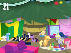 Size: 1024x768 | Tagged: safe, artist:bronybyexception, applejack, derpy hooves, fluttershy, pinkie pie, princess luna, trixie, twilight sparkle, pegasus, pony, g4, advent calendar, battleship, board game, chess, chessboard incorrectly oriented, christmas, christmas presents, christmas tree, doll, female, games, ludo (board game), mare, present, toy, tree