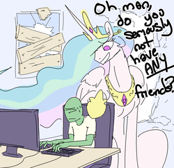 Size: 1280x1239 | Tagged: safe, artist:nobody, princess celestia, oc, oc:anon, pony, g4, brolestia, chair, computer, defenestratia, female, frown, giant pony, macro, make some friends, mare, nervous, size difference, smiling, sweat