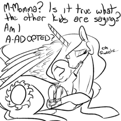 Size: 1280x1280 | Tagged: safe, artist:nobody, princess celestia, oc, oc:anon, human, g4, adopted, adopted offspring, comforting, cuddling, cute, eyes closed, feels, frown, kid anon, momlestia, monochrome, mother and son, nuzzling, parent:princess celestia, prone, sad, smiling, snuggling, spread wings, wavy mouth, you're adopted