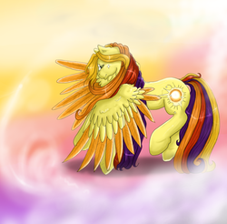 Size: 815x803 | Tagged: safe, artist:silvermoonbreeze, oc, oc only, oc:twilight sun, pegasus, pony, 2011, cloud, cloudy, colored wings, colored wingtips, female, gradient background, mare, rainbow hair, solo, spread wings, wings, wings down