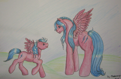 Size: 728x471 | Tagged: safe, artist:silvermoonbreeze, baby firefly, firefly, pegasus, pony, g1, 2010, duo, duo female, female, looking at each other, looking at someone, mare, mother and daughter, spread wings, standing, traditional art, wings