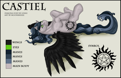 Size: 909x584 | Tagged: safe, artist:silvermoonbreeze, pegasus, pony, castiel, color palette, colored wings, lying down, not a ponysona, not an oc, on back, pentagram, ponified, spread wings, supernatural, wings