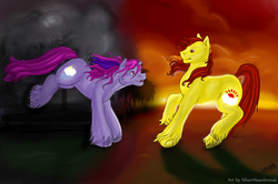 Size: 939x623 | Tagged: safe, artist:silvermoonbreeze, sunburst (g1), thundercloud (g1), earth pony, pony, g1, looking at each other, looking at someone, mountain boy ponies, outdoors, raised hoof, smiling, sunset, tail, tree, unshorn fetlocks