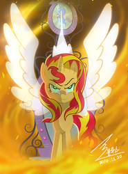 Size: 2267x3056 | Tagged: safe, artist:bluse, idw, sunset shimmer, alicorn, pony, unicorn, g4, spoiler:comic, spoiler:comicannual2013, crown, female, fiery shimmer, fire, high res, idw showified, magic mirror, mare, scene interpretation, show accurate, solo, wings