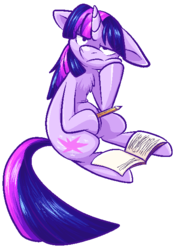 Size: 435x623 | Tagged: safe, artist:fizzy-dog, twilight sparkle, g4, book, chest fluff, female, pencil, solo, twilight sparkle is not amused, unamused