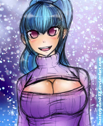 Size: 2040x2473 | Tagged: safe, artist:oyedraws, sonata dusk, equestria girls, g4, my little pony equestria girls: rainbow rocks, big breasts, boob window, breasts, busty sonata dusk, cleavage, clothes, female, high res, keyhole turtleneck, open-chest sweater, solo, sweater, turtleneck