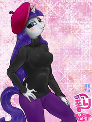 Size: 1200x1589 | Tagged: safe, artist:mrs1989, rarity, anthro, g4, beatnik rarity, beret, blushing, breasts, clothes, female, hat, korean, looking at you, solo