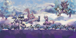 Size: 1172x596 | Tagged: safe, artist:explonova, oc, oc only, griffon, berry, catapult, snow, snowball, snowball fight, winter