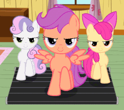 Size: 480x425 | Tagged: safe, edit, screencap, apple bloom, scootaloo, sweetie belle, flight to the finish, g4, animated, clubhouse, crusaders clubhouse, cutie mark crusaders, female, treadmill