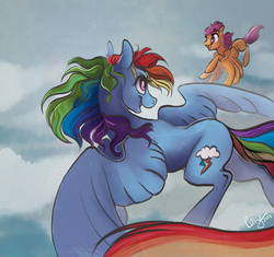 Size: 3400x3200 | Tagged: safe, artist:casynuf, rainbow dash, scootaloo, pegasus, pony, g4, duo, duo female, female, flying, high res, mare, scootaloo can fly, windswept mane