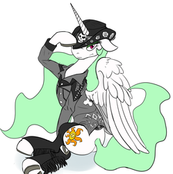 Size: 598x601 | Tagged: safe, artist:an everfree rat, princess celestia, g4, bedroom eyes, chaps, clothes, eyeshadow, female, floppy ears, hat, horseshoes, jacket, looking at you, makeup, metalestia, scene kid, solo, southern metal