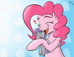 Size: 1374x1054 | Tagged: safe, artist:thethunderpony, maud pie, pinkie pie, g4, doll, female, happy, heart, hug, newbie artist training grounds, plushie, smiling