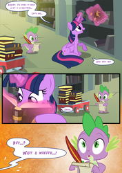 Size: 3500x4951 | Tagged: safe, artist:light262, artist:lummh, spike, twilight sparkle, alicorn, pony, comic:timey wimey, g4, journal of the two sisters, book, comic, female, mare, twilight sparkle (alicorn)