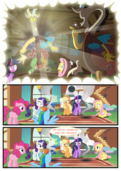 Size: 3500x4951 | Tagged: safe, artist:light262, artist:lummh, applejack, discord, fluttershy, pinkie pie, rainbow dash, rarity, twilight sparkle, alicorn, pony, comic:timey wimey, g4, comic, female, mane six, mare, self ponidox, twilight sparkle (alicorn)