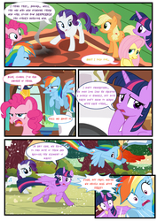 Size: 3500x4951 | Tagged: safe, artist:light262, artist:lummh, applejack, fluttershy, pinkie pie, rainbow dash, rarity, twilight sparkle, alicorn, pony, comic:timey wimey, g4, too many pinkie pies, clone, comic, female, mane six, mare, twilight sparkle (alicorn)