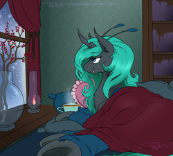 Size: 1509x1360 | Tagged: safe, artist:phathusa, oc, oc only, oc:holometa, changeling, :t, bed, cottagecore, cute, fluffy, hot chocolate, on side, parent:queen chrysalis, quadrupedal, smiling, snow, snowfall, solo, underhoof, window, winter