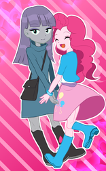 Size: 500x800 | Tagged: safe, artist:weiliy, maud pie, pinkie pie, equestria girls, g4, boots, bracelet, clothes, eyes closed, female, high heel boots, jewelry, pixiv, purse, sisters, skirt, smiling