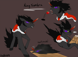 Size: 1000x727 | Tagged: safe, artist:backlash91, king sombra, pony, umbrum, unicorn, g4, apple, book, lying, male, open mouth, solo