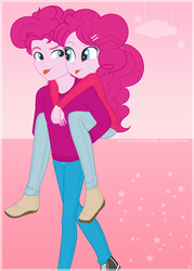 Size: 1024x1428 | Tagged: dead source, source needed, safe, artist:jaquelindreamz, pinkie pie, equestria girls, g4, bubble berry, equestria guys, female, male, piggyback ride, rule 63, self ponidox, selfcest, ship:bubblepie, shipping, straight, tongue out