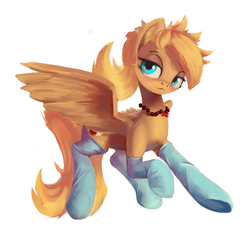 Size: 1788x1672 | Tagged: safe, artist:qweeli, oc, oc only, oc:sacred heart, pegasus, pony, bedroom eyes, blushing, clothes, cross, necklace, socks, solo, spread wings