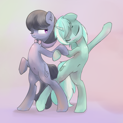 Size: 1500x1500 | Tagged: safe, artist:qweeli, lyra heartstrings, octavia melody, earth pony, pony, unicorn, g4, belly button, bipedal, dancing, female, lesbian, octyra, shipping, wink
