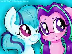 Size: 4896x3672 | Tagged: safe, artist:laliiyeaah, aria blaze, sonata dusk, pony, equestria girls, g4, my little pony equestria girls: rainbow rocks, absurd resolution, ariabetes, cute, equestria girls ponified, female, lesbian, ponified, ship:arisona, shipping, smiling, sonatabetes, when she smiles, wink