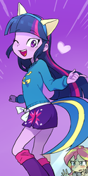 Size: 500x1000 | Tagged: safe, artist:baekgup, sunset shimmer, twilight sparkle, equestria girls, g4, animal ears, blushing, boots, clothes, cute, eyes closed, fake tail, female, glass, heart, heart eyes, implied lesbian, implied shipping, implied sunsetsparkle, leg warmers, one eye closed, open mouth, pony ears, shoes, skirt, sweater, wingding eyes, wink, wondercolts