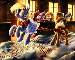 Size: 1280x1024 | Tagged: safe, artist:chryseum, derpy hooves, doctor whooves, time turner, pegasus, pony, g4, clothes, female, floppy ears, flying, male, mare, scarf, scrunchy face, shared clothing, shared scarf, ship:doctorderpy, shipping, smiling, snow, snowfall, straight, winter