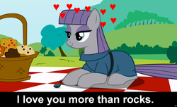 Size: 1600x973 | Tagged: safe, boulder (g4), maud pie, earth pony, pony, g4, bedroom eyes, bronybait, caption, cs captions, female, food, heart, love, mare, muffin, picnic basket, picnic blanket, smiling, when she smiles