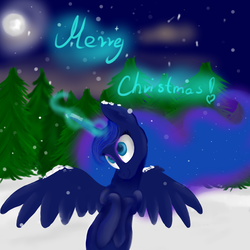 Size: 3000x3000 | Tagged: safe, artist:segraece, princess luna, g4, female, forest, high res, magic, moon, night, rearing, smiling, snow, snowfall, solo, spread wings, winter