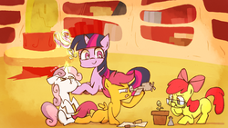 Size: 1920x1080 | Tagged: safe, artist:gmrqor, apple bloom, scootaloo, sweetie belle, twilight sparkle, alicorn, pony, g4, twilight time, cutie mark crusaders, female, mare, scene interpretation, twilight sparkle (alicorn)