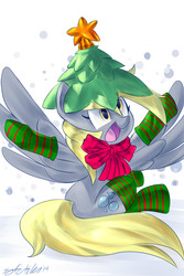 Size: 4800x7200 | Tagged: safe, artist:tofutiles, derpy hooves, pegasus, pony, g4, absurd resolution, christmas tree, clothes, cute, derpabetes, female, hat, hilarious in hindsight, open mouth, silly, silly pony, sitting, socks, solo, stockings, striped socks, tree
