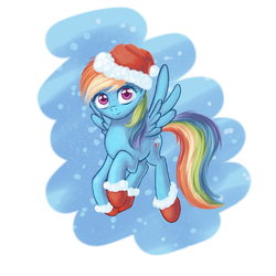 Size: 800x800 | Tagged: safe, artist:1nakir1, rainbow dash, g4, christmas, clothes, cute, dashabetes, female, flying, hat, looking at you, santa hat, smiling, snow, snowfall, solo, spread wings