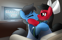 Size: 1024x668 | Tagged: safe, artist:drawponies, oc, oc only, american football, female, kissing, male, nfl, seattle seahawks, straight, super bowl, super bowl xlviii