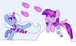 Size: 1250x757 | Tagged: safe, artist:ponycide, trixie, twilight sparkle, alicorn, pony, g4, clothes, female, grin, lesbian, magic, mare, scarf, ship:twixie, shipping, snow, snowball, snowball fight, twilight sparkle (alicorn)