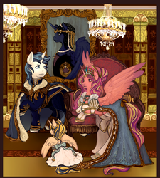 Size: 1079x1200 | Tagged: safe, artist:saint-juniper, princess cadance, princess luna, shining armor, oc, oc:tyr, fanfic:myths and birthrights, g4, alternate hairstyle, bust, chair, chandelier, cloak, clothes, dress, fanfic, female, filly, group portrait, interior, jewelry, painting, portrait, royal family, royalty, tiara