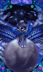 Size: 1050x1750 | Tagged: safe, artist:esuka, princess luna, g4, female, helmet, moon, solo, space, spread wings, tangible heavenly object