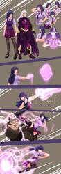 Size: 2480x7016 | Tagged: safe, artist:smilingdogz, twilight sparkle, human, comic:thousand lights, g4, action pose, alternate hair color, armpits, book, cape, clothes, female, fight, glowing eyes, gray background, humanized, kick, levitation, magic, necktie, punch, school uniform, simple background, skirt, solo, strategically covered, superhero, tank top, telekinesis, thigh highs, white hair, woman