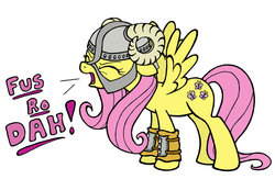 Size: 900x586 | Tagged: safe, artist:plaidsandstripes, fluttershy, g4, armor, crossover, dovahshy, eyes closed, female, fus-ro-dah, helmet, open mouth, simple background, skyrim, solo, spread wings, the elder scrolls, white background, yelling