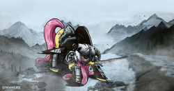 Size: 2167x1148 | Tagged: safe, artist:php60, fluttershy, g4, armor, badass, crossover, dovahshy, flutterbadass, skyrim, sword, the elder scrolls