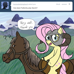 Size: 650x650 | Tagged: safe, artist:flavinbagel, fluttershy, horse, pony, ask gamer ponies, g4, ask, crossover, dovahshy, female, horse-pony interaction, mare, mathematician's answer, ponies riding horses, riding, skyrim, the elder scrolls, tumblr, wingless