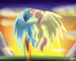 Size: 1500x1200 | Tagged: safe, artist:scarletsfeed, fluttershy, rainbow dash, pegasus, pony, g4, butterscotch, duo, eyes closed, female, half r63 shipping, kiss on the lips, kissing, lesbian, male, mare, rule 63, ship:butterdash, ship:flutterdash, shipping, straight, wings