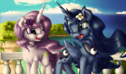 Size: 3640x2160 | Tagged: safe, artist:neko-me, fleur-de-lis, princess luna, g4, beach, flower, flower in hair, high res, implied lesbian, implied shipping, open mouth, smiling, windswept mane, wink