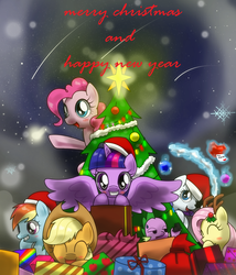 Size: 1530x1785 | Tagged: safe, artist:hoyeechun, applejack, fluttershy, pinkie pie, rainbow dash, rarity, spike, twilight sparkle, alicorn, dragon, earth pony, pegasus, pony, unicorn, g4, antlers, blushing, christmas, christmas tree, coal, cowboy hat, eyes closed, female, fire ruby, hat, holiday, looking at you, magic, male, mane seven, mane six, mare, open mouth, present, santa hat, shooting star, smiling, stars, stetson, tree, twilight sparkle (alicorn)
